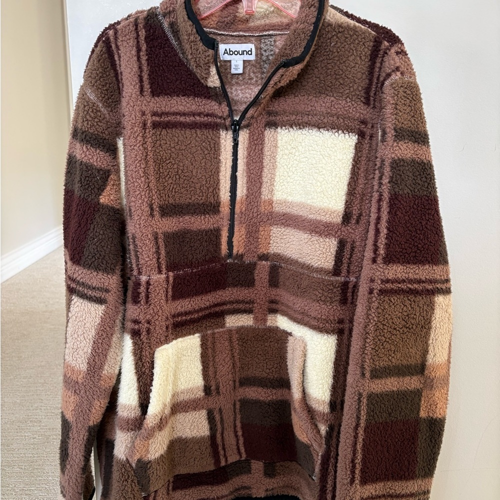 Abound Brown Plaid Sherpa Quarter-Zip Pullover BRAND NEW